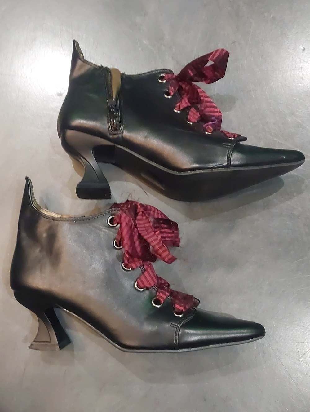Ellie Black Leather Witch Heeled Ankle Boots with Burgundy Ribbon Laces